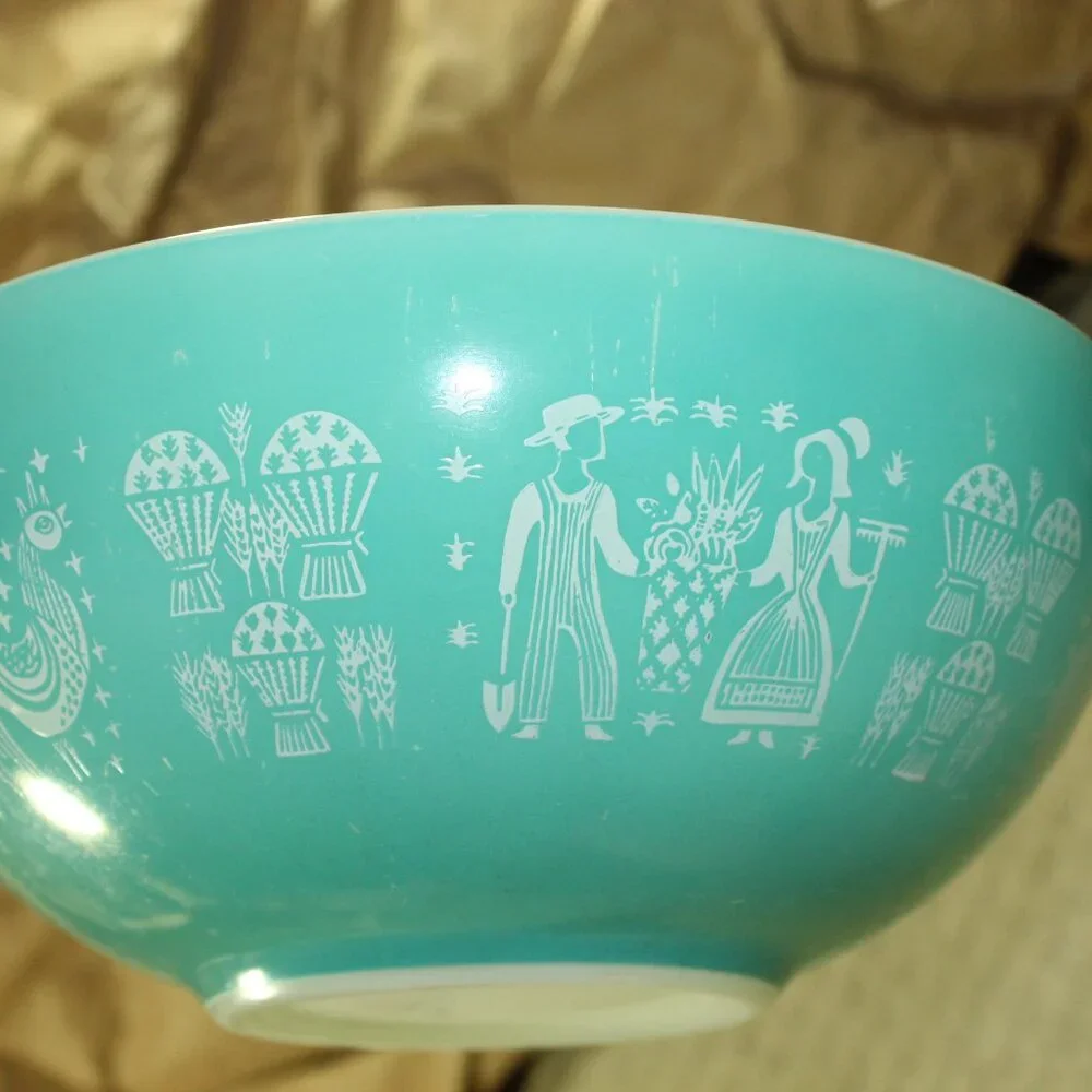Vintage Pyrex 4Qt Mixing Bowl #444 Turquoise Blue Cinderella Amish Butterprint